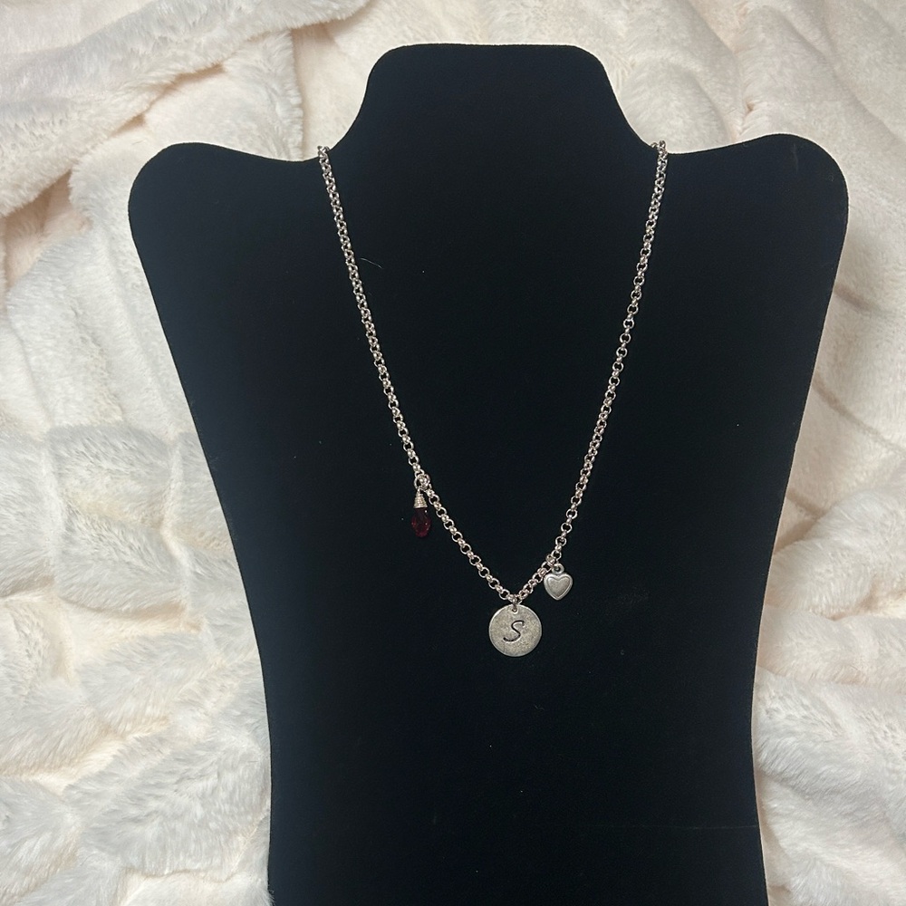 Silver S Pendant Necklace with Ruby Red Bulb and Heart Charm